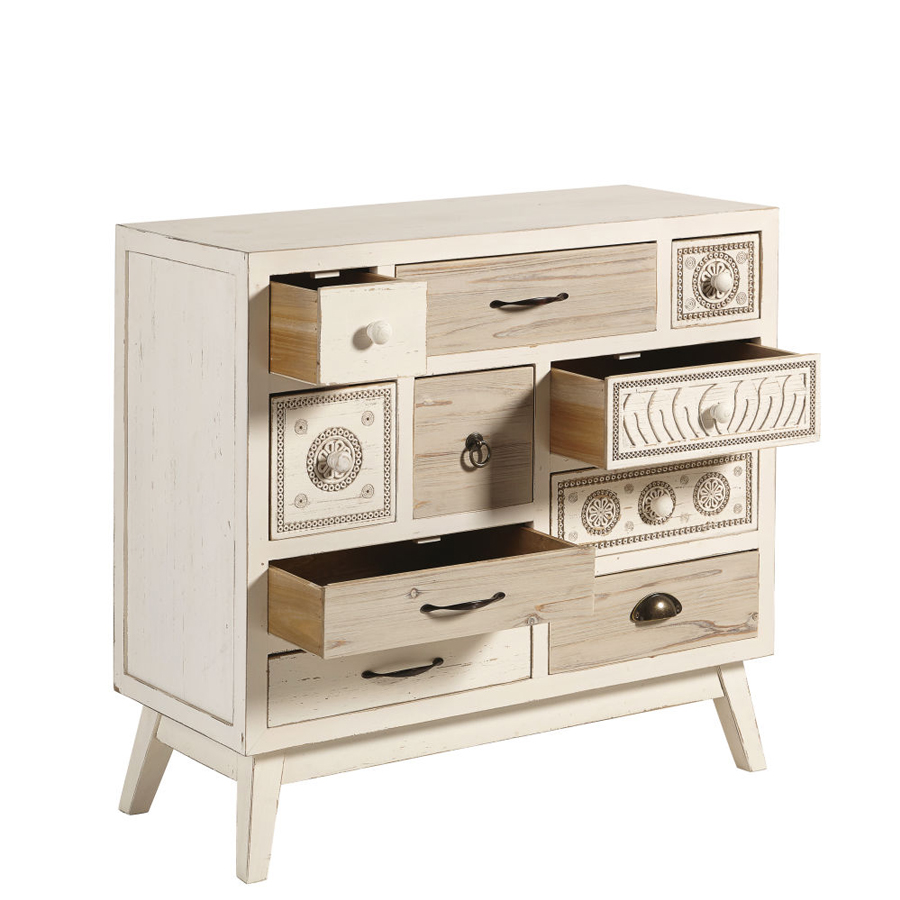 RUMBA - Cabinet de rangement 10 tiroirs en sapin blanc effet vieilli