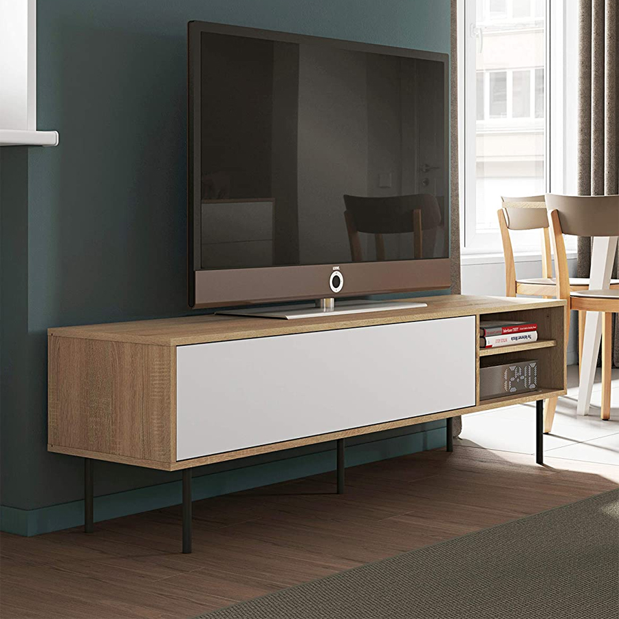 AMPÈRE - Meuble TV Chêne naturel et blanc avec abattant L165x47,9