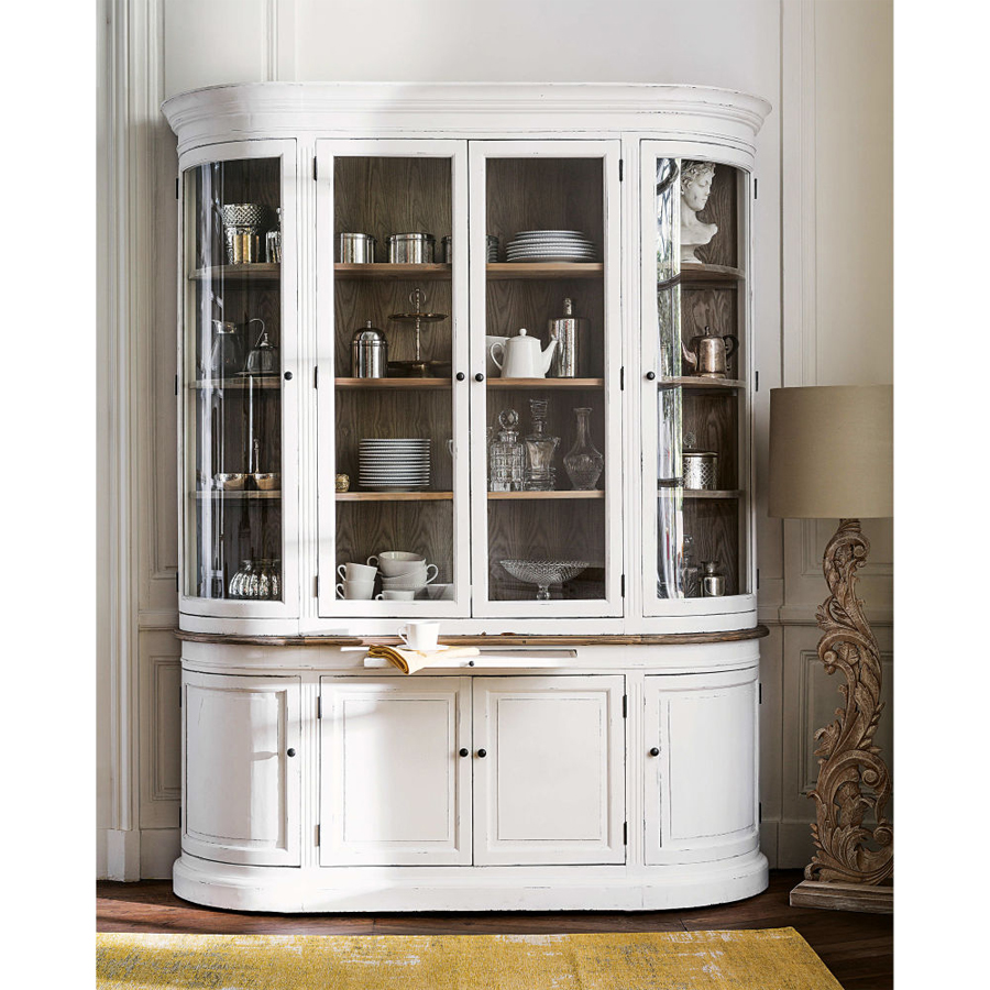 FLAUBERT - Vaisselier vitré 8 portes en pin recyclé blanc patiné