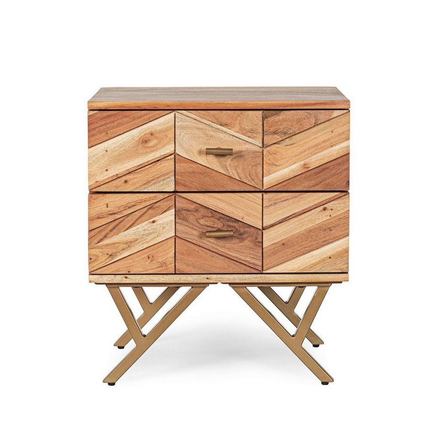 RAIDA - Table de chevet 2 tiroirs en bois naturel, pieds en acier peint 50x35x55 cm