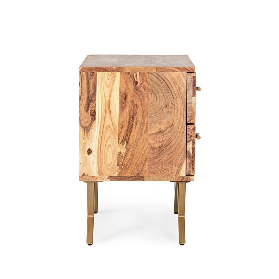 RAIDA - Table de chevet 2 tiroirs en bois naturel, pieds en acier peint 50x35x55 cm