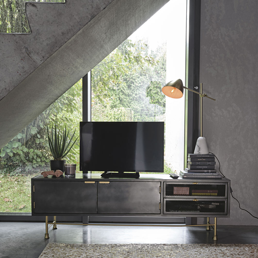 ROCKEFELLER - Meuble TV 2 portes 2 tiroirs en métal gris anthracite