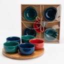 Coffret apéro 5 bols bleu/rouge et plateau bois