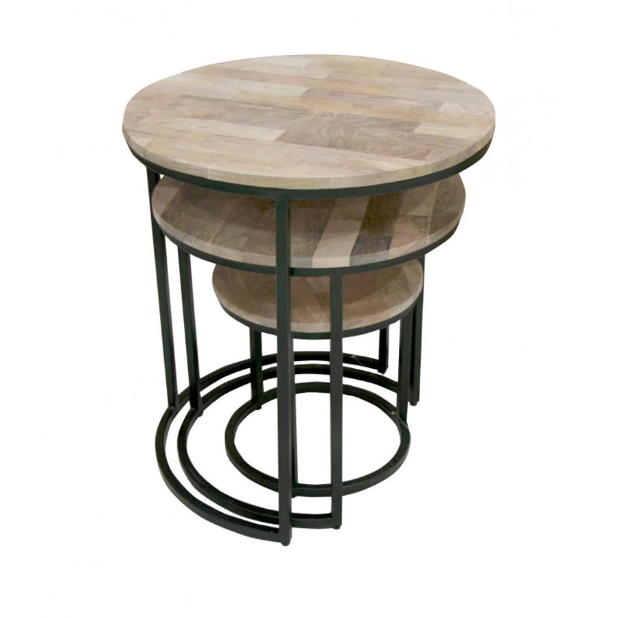 CHARLOTTE - Set 3 tables gigognes bois métal noir, D50xH55cm