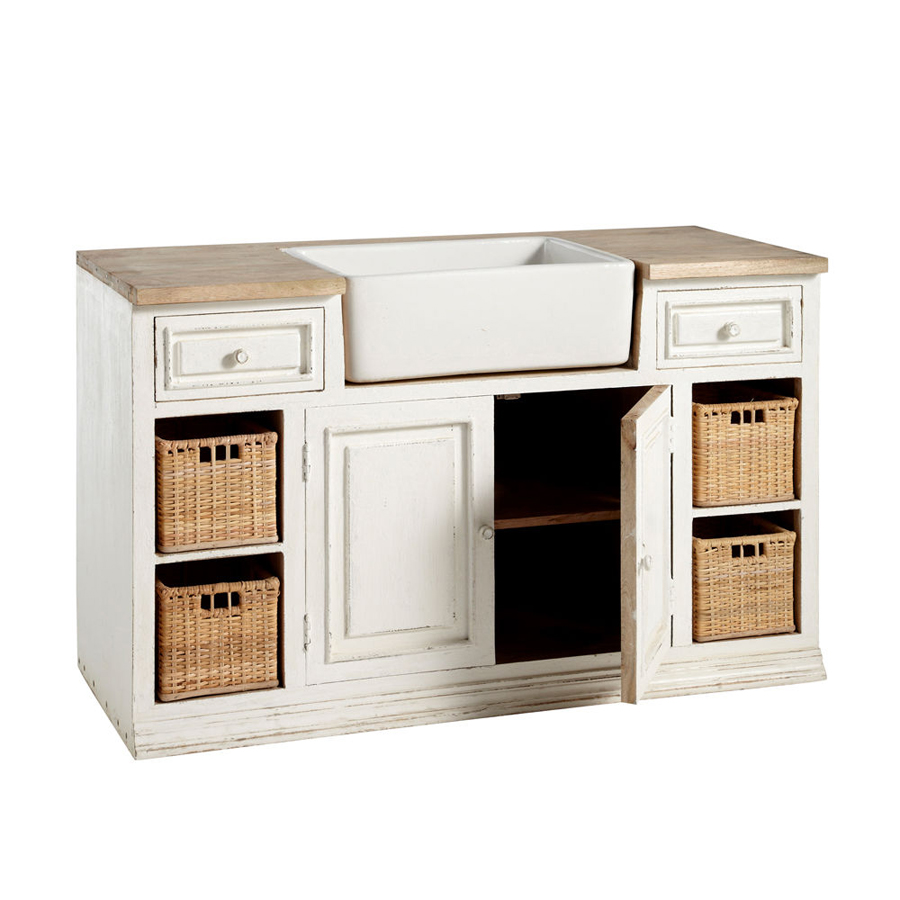 ELEONORE - Meuble bas de cuisine avec évier en manguier ivoire