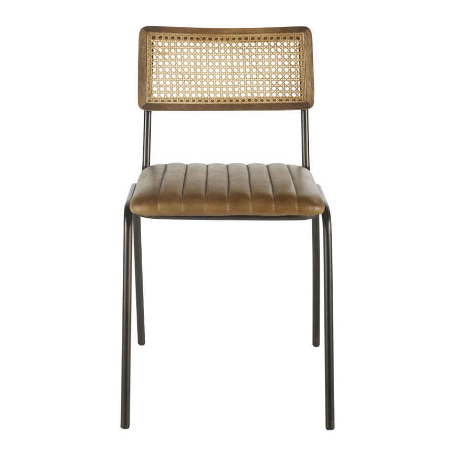 DALSTON - Chaise professionnelle en cuir de buffle marron, cannage en rotin et métal noir