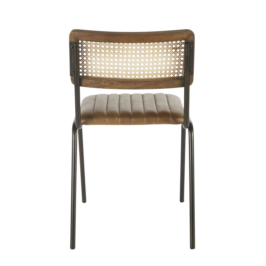 DALSTON - Chaise professionnelle en cuir de buffle marron, cannage en rotin et métal noir