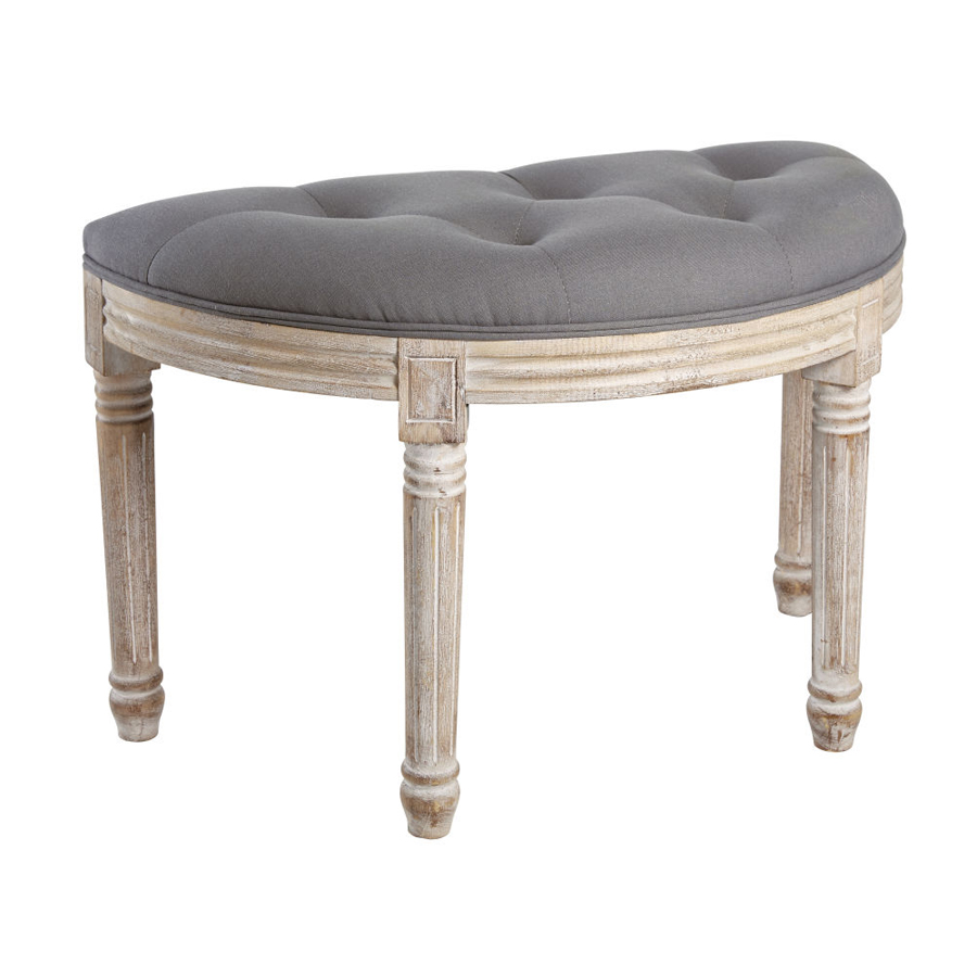 CLOTHILDE - Tabouret arrondi matelassé en hévéa, coton et lin gris