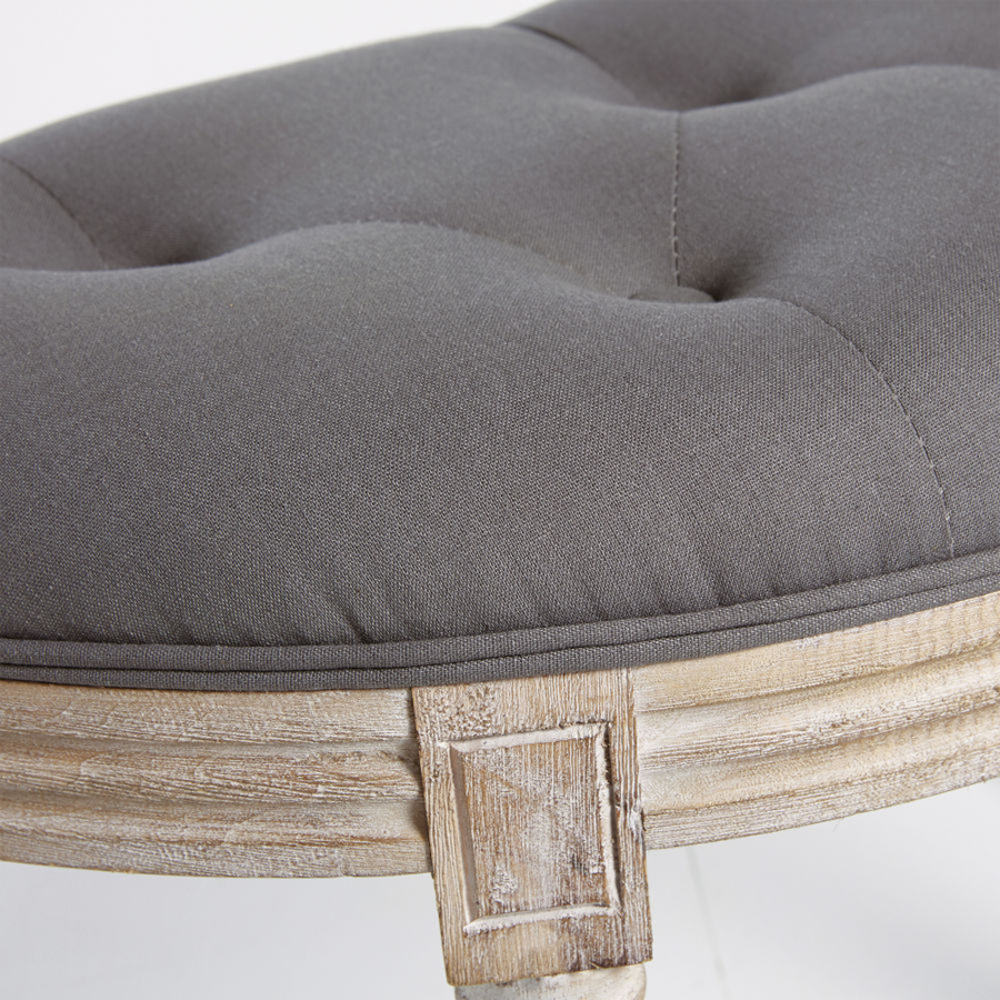 CLOTHILDE - Tabouret arrondi matelassé en hévéa, coton et lin gris