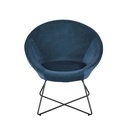 Fauteuil en velours bleu moderne avec piètement métallique noir, vu de face, parfait pour une décoration chic et confortable, Dakar, Sénégal.