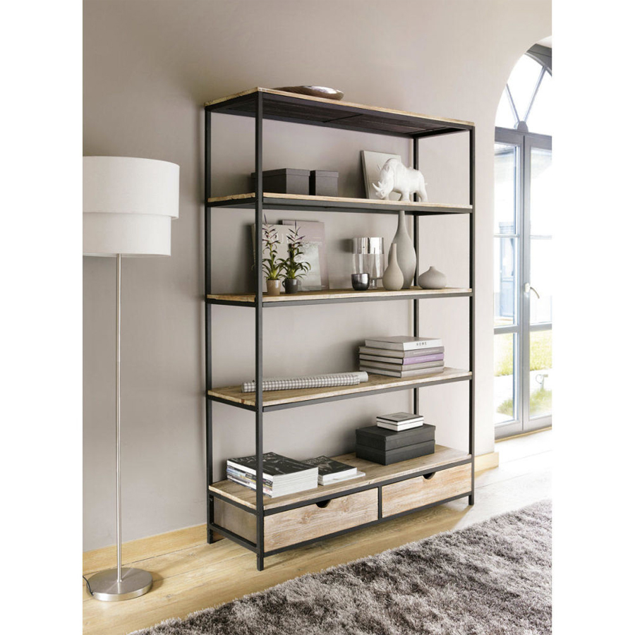 LONG ISLAND - Étagère indus 2 tiroirs en sapin massif et métal