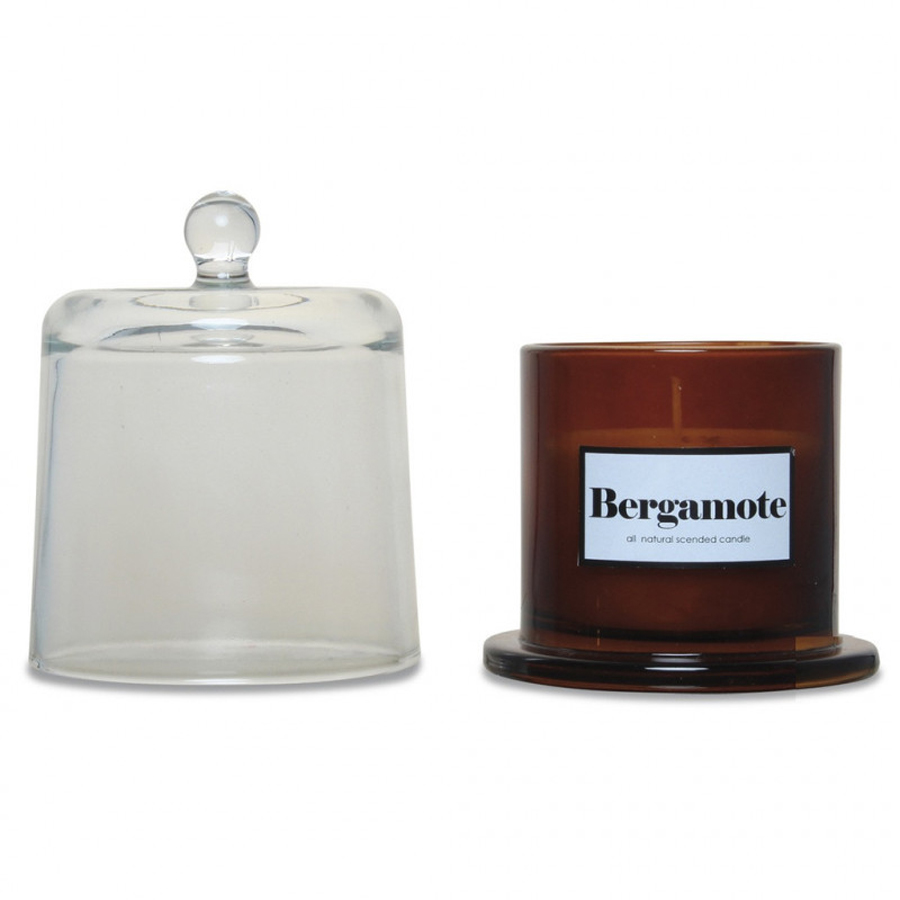 Bougie Bergamotte en verre ambre avec cloche transparente