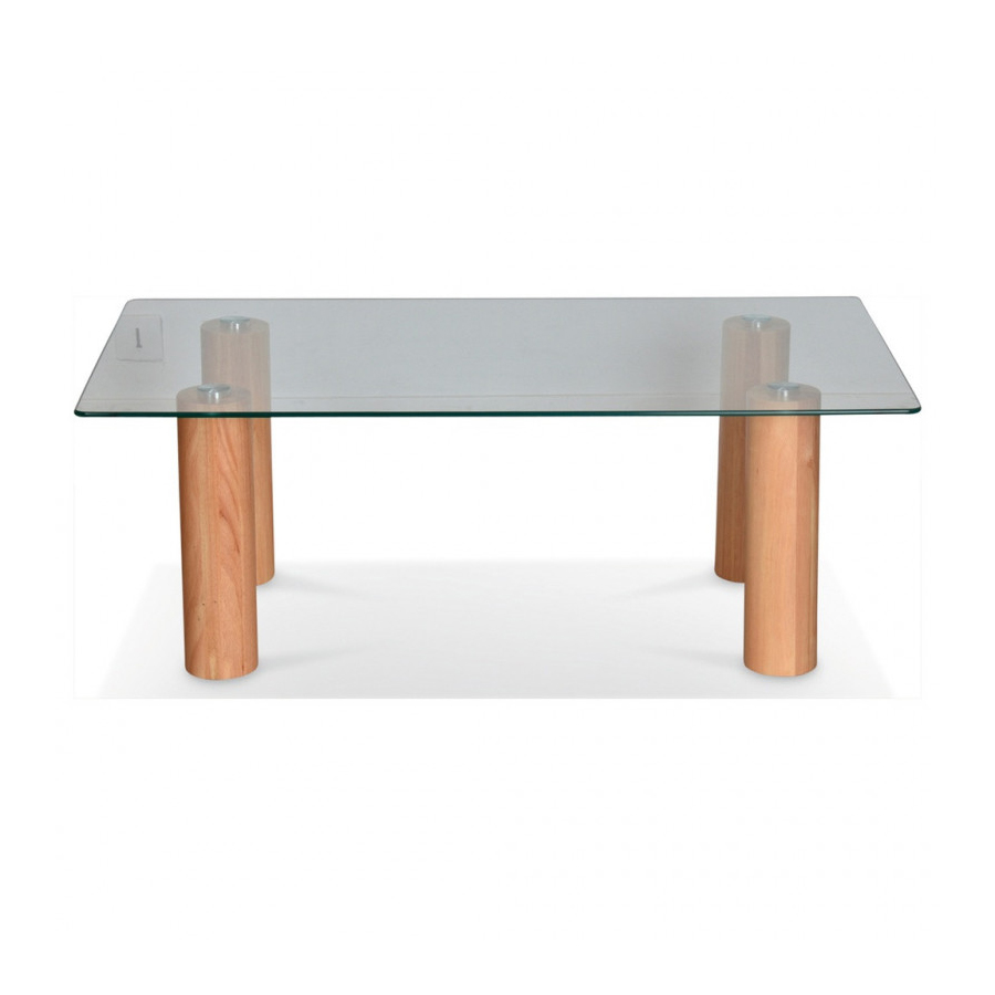STUDIO - Table basse en verre trempé transparent, pied en bois naturel L100xH40cm
