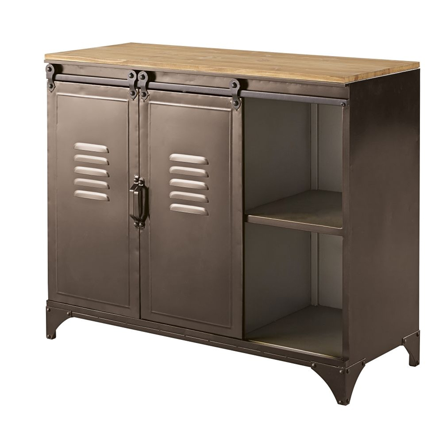 Buffet Wayne en métal et sapin avec portes coulissantes ouvertes, Dakar, Sénégal.