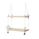 Étagère murale suspendue Lila avec deux étagères en bois de paulownia et corde bicolore, décorée de perles et pompons. Disponible à Dakar, Sénégal.