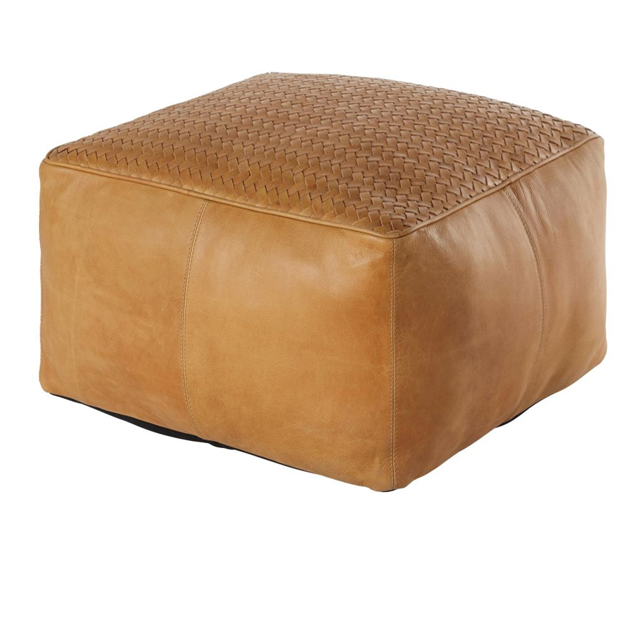 DURBAN - Pouf en cuir de buffle camel tressé