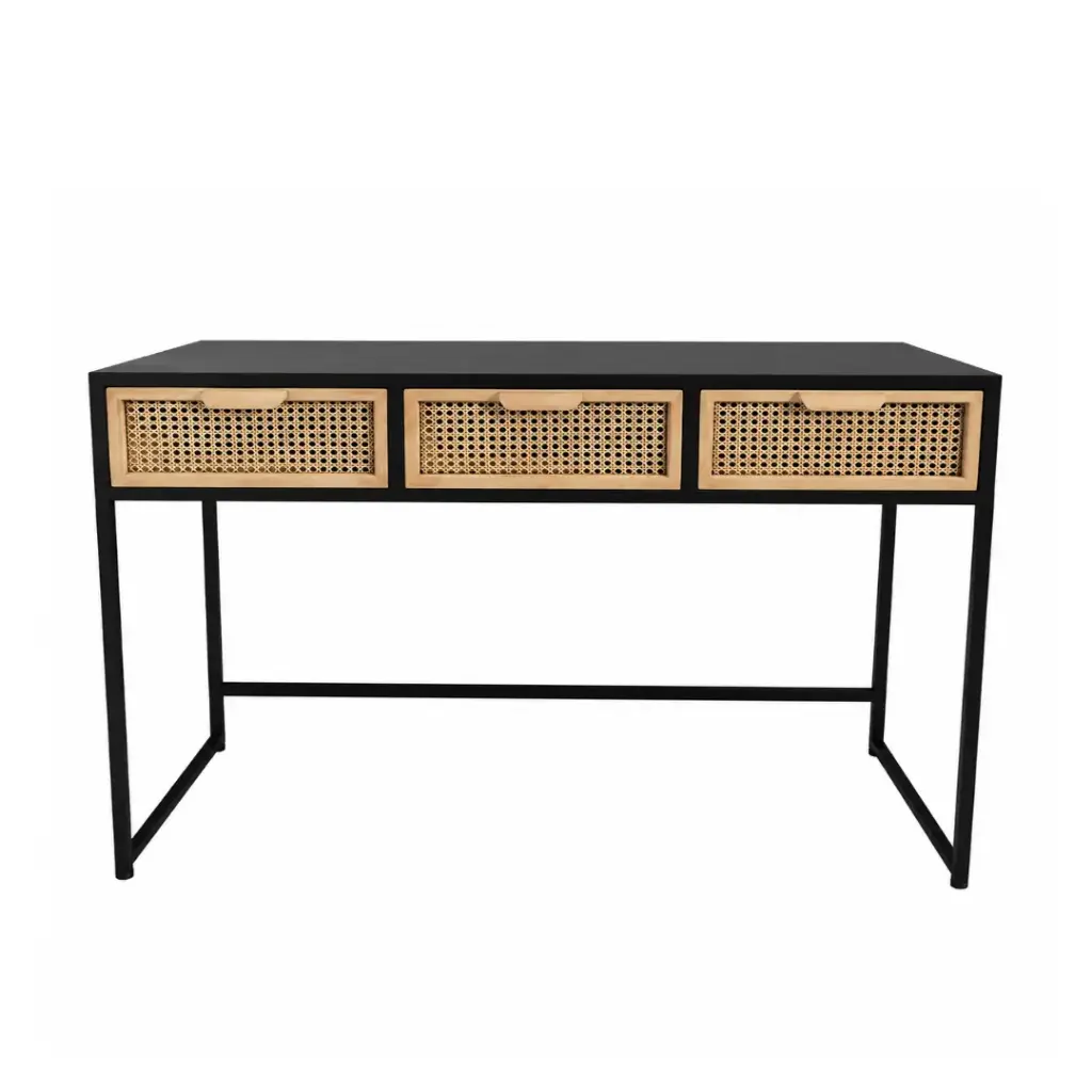 Console AVENSIS 3 tiroirs en métal noir et rotin naturel