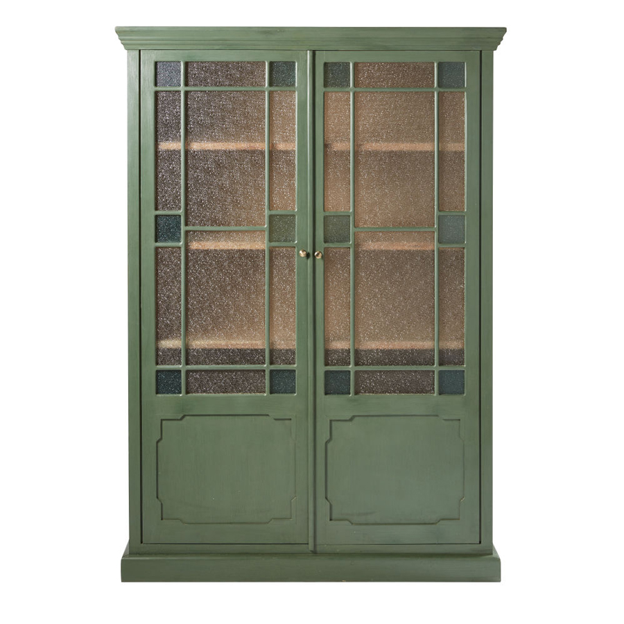 Vitrine Magdalena 2 portes en acacia massif vert et verre granité