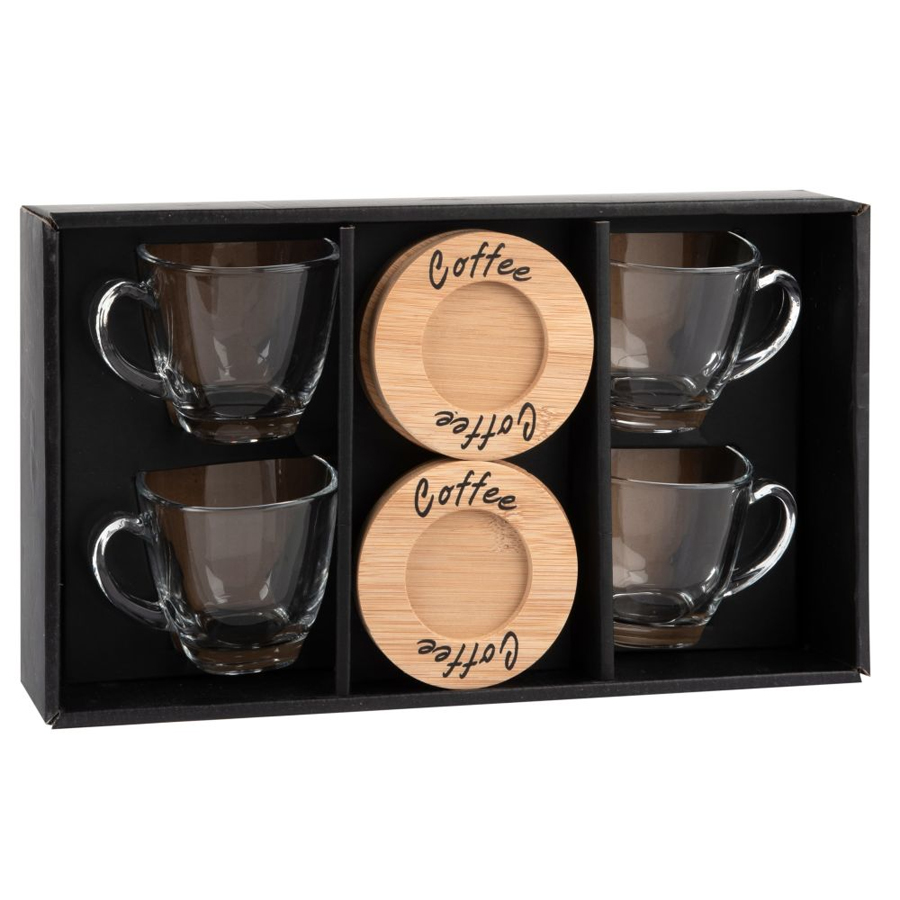 Coffret 4 tasses en verre et sous coupes en bambou