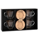 Coffret 4 tasses en verre et sous coupes en bambou