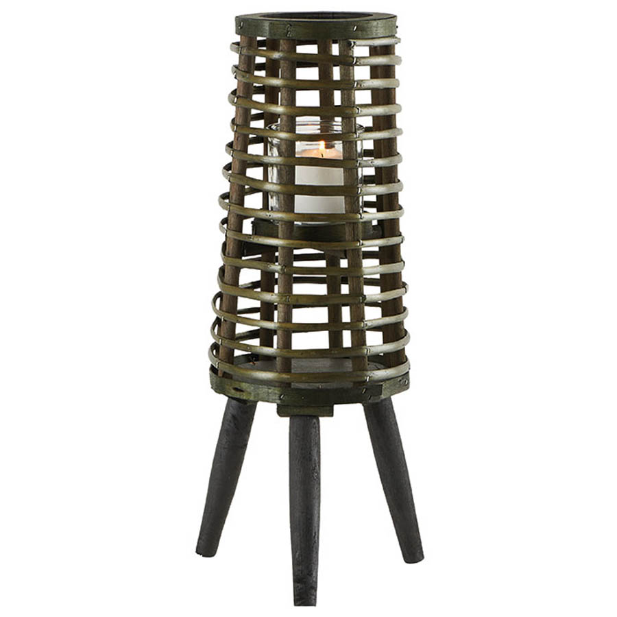 Lanterne en bois vert ajouré et noir cylindrique