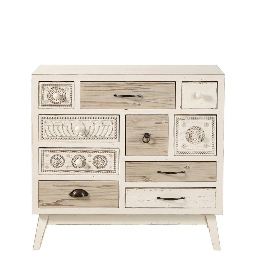Cabinet de rangement 10 tiroirs Rumba en sapin blanc effet vieilli