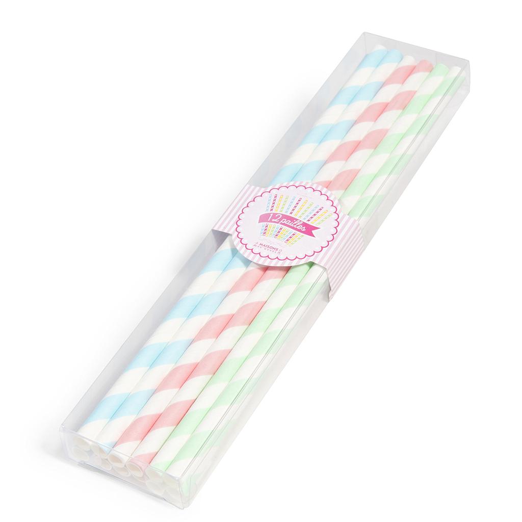 Lot de 12 pailles bleues, roses & vertes