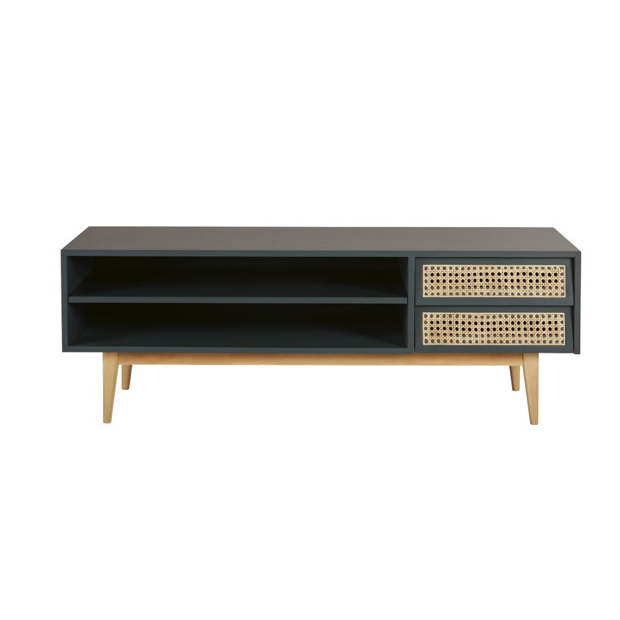 Meuble TV Suzelle vintage 2 tiroirs en cannage vert de gris