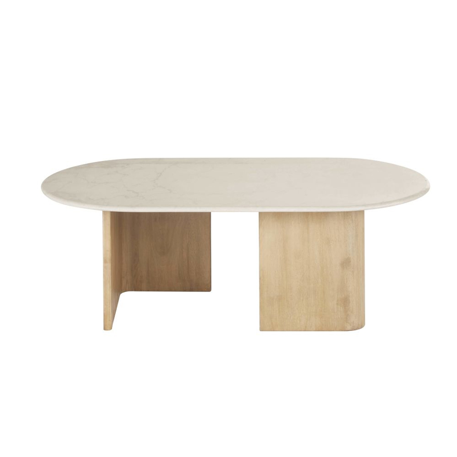 Table basse Travertino en marbre blanc effet travertin et manguier
