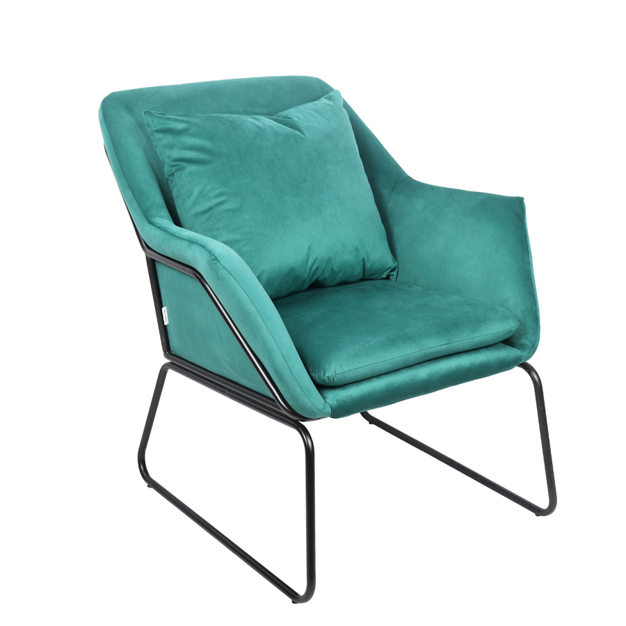 Fauteuil Iris en velours vert, pieds métal noir