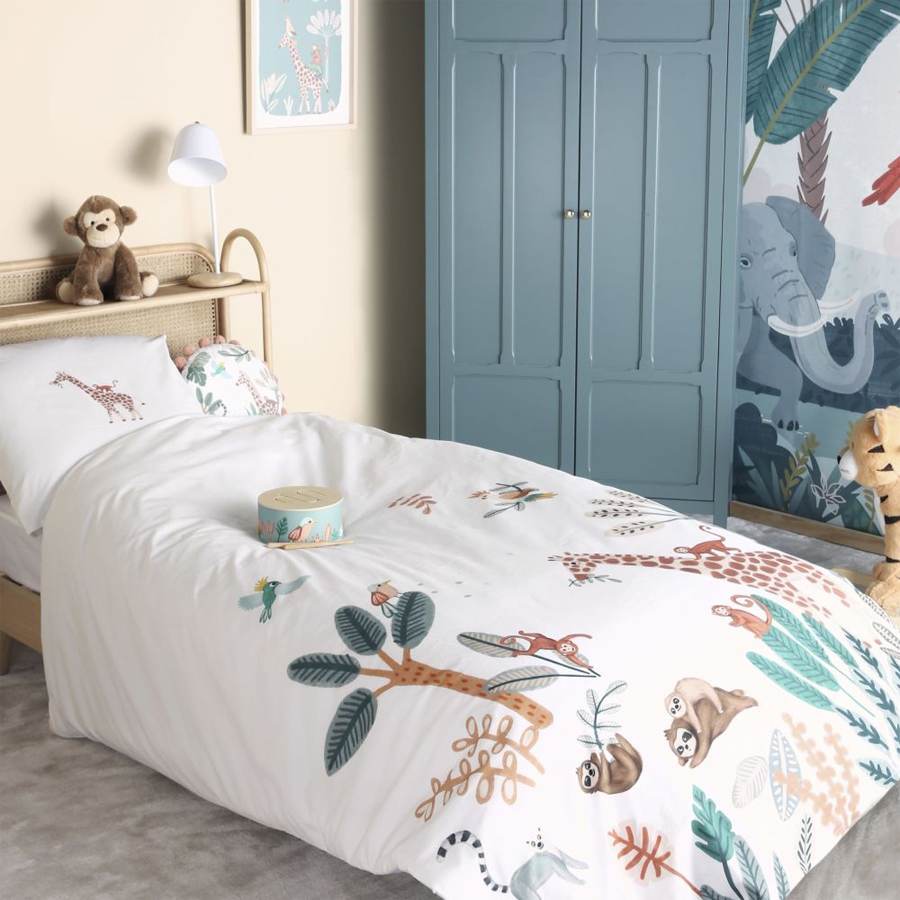CHAMAREL - Parure de lit enfant en coton imprimés animaux blancs et multicolores, 140x200