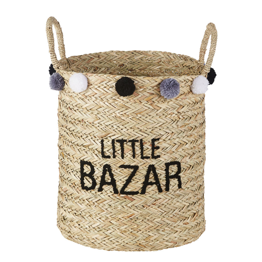 Panier Bazar enfant en fibre végétale avec pompons gris