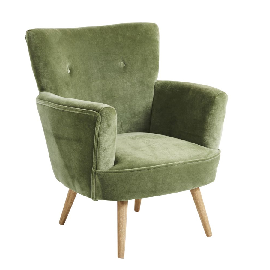 Fauteuil Sao paulo en velours vert kaki effet vieilli