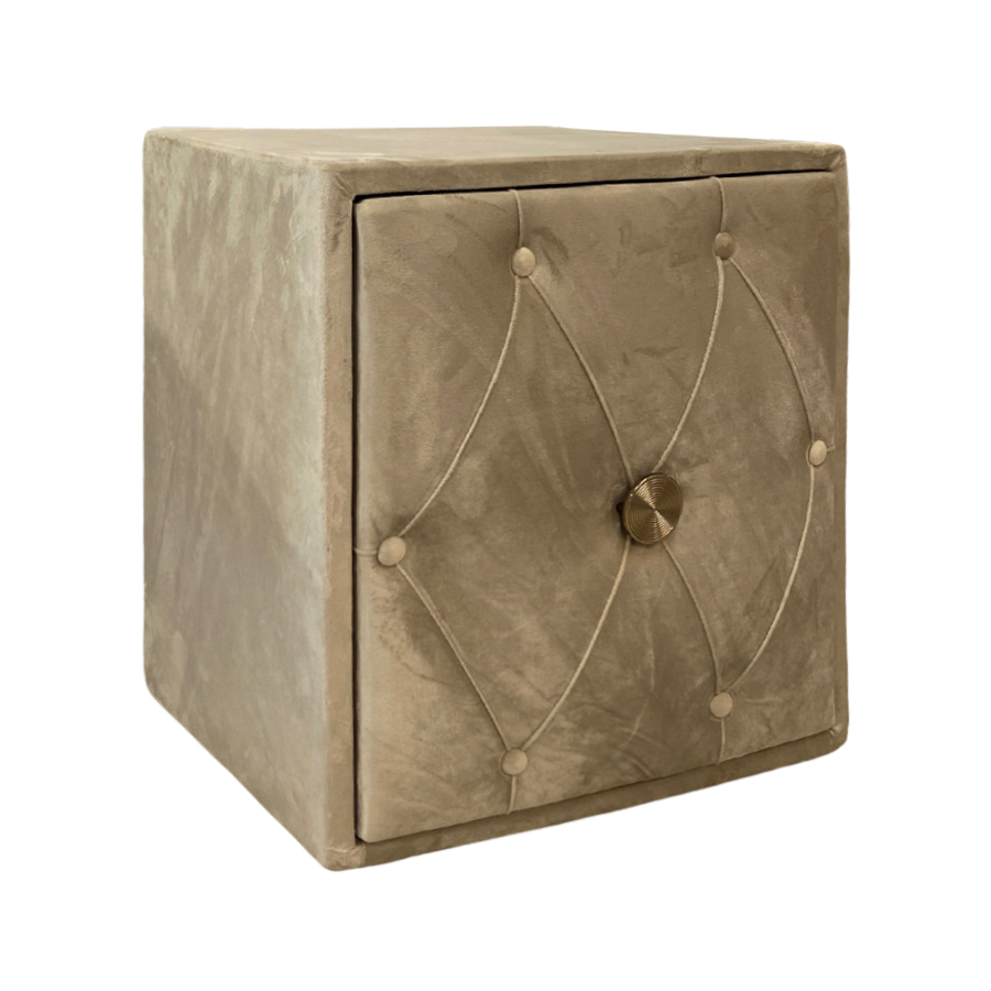 Table de chevet Elégant en velours beige capitonnée avec 2 tiroirs