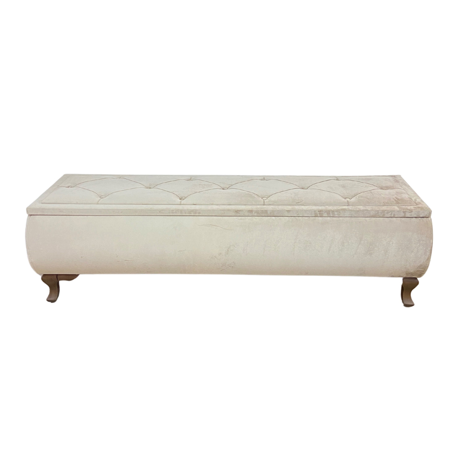 Banquette Elegant en velours beige avec pieds en bois marron