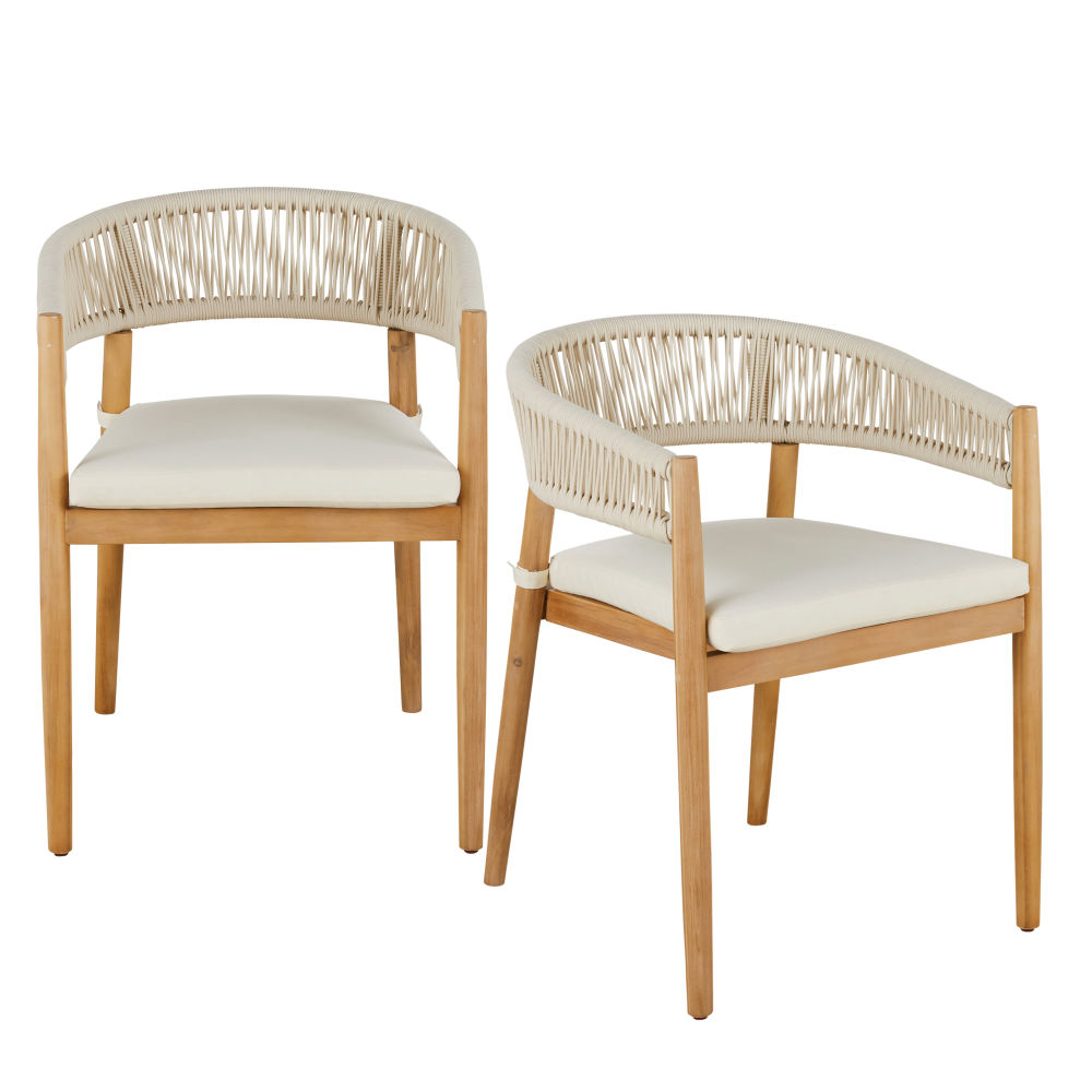 Duo de Fauteuils à dîner de jardin Albane en bois d'acacia et polyester recyclé écru