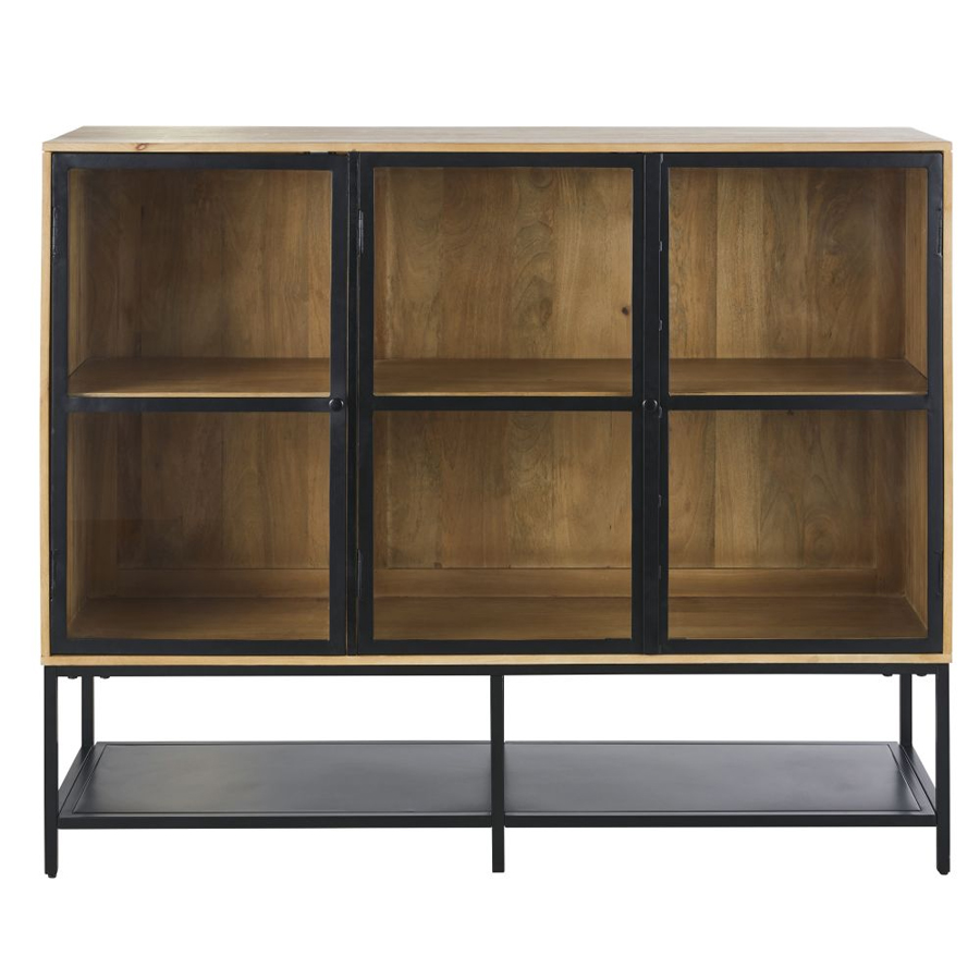 Bibliothèque vitrine Wayampi 2 portes en bois de manguier massif et métal noir