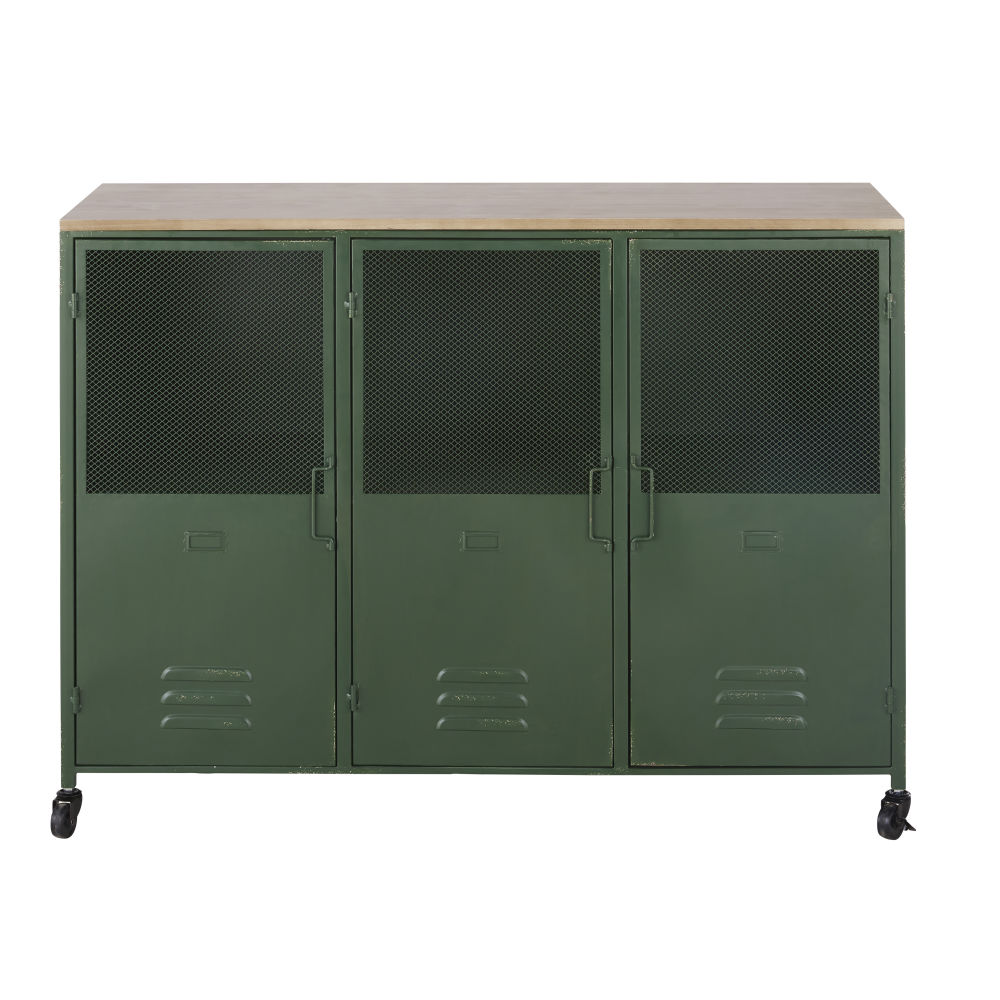 Buffet style industriel Chilham 3 portes en bois de sapin et métal vert à roulettes