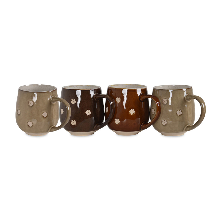 Set de 4 mugs Flower en grès taupe, marron et chocolat à fleurs