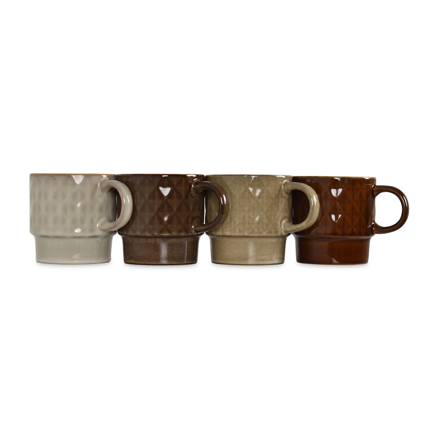 Set de 4 mugs Fox en grès naturel à motif losange
