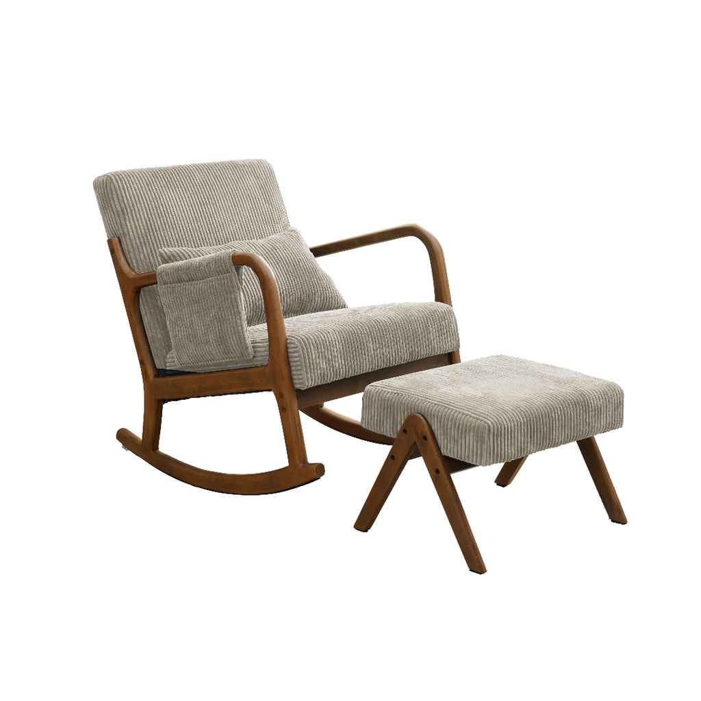 Fauteuil Rocking avec repose pieds en bois et tissu taupe beige