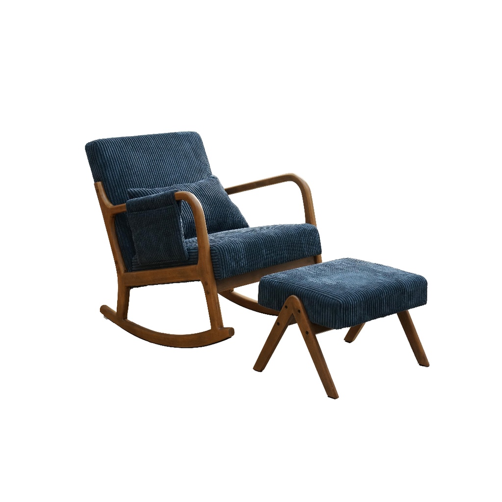 Fauteuil Rocking avec repose pieds en bois et tissu bleu foncé