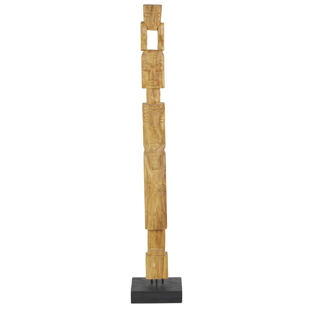 Statue totem Makary personnages en bois de teck gravé sur base noire