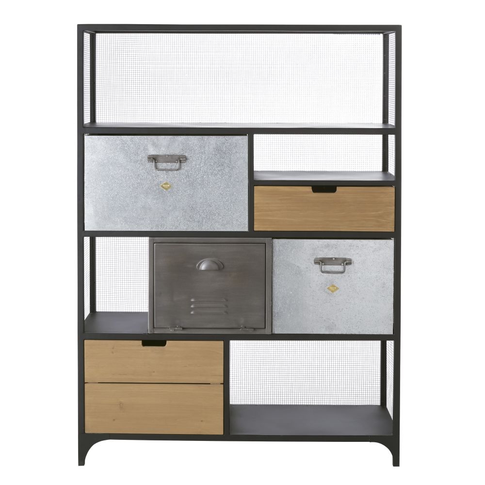 Bibliothèque industrielle Harvey 4 tiroirs 1 porte en bois de sapin et métal