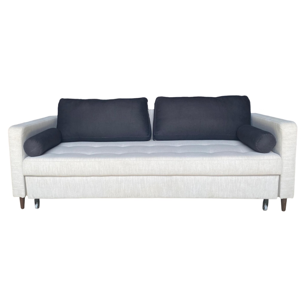 Canapé Olivia convertible, tissu gris chiné avec pieds en bois