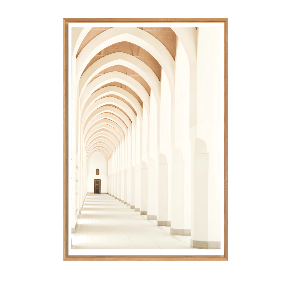 Toile Nef, imprimé allées bâtiment blanc avec encadrement naturel 100x140 cm