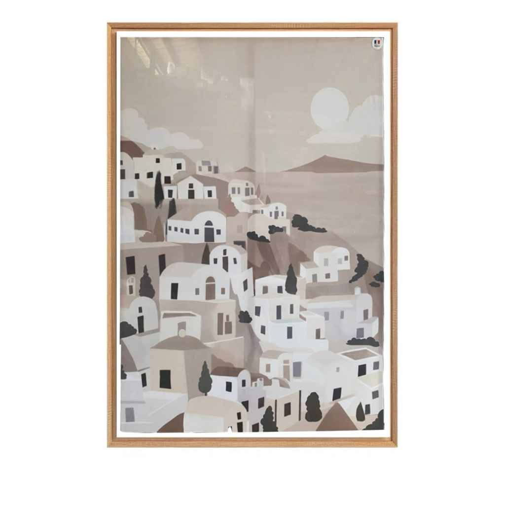 Toile Kalamata, encadrement naturel avec imprimé bâtiments 80x120 cm