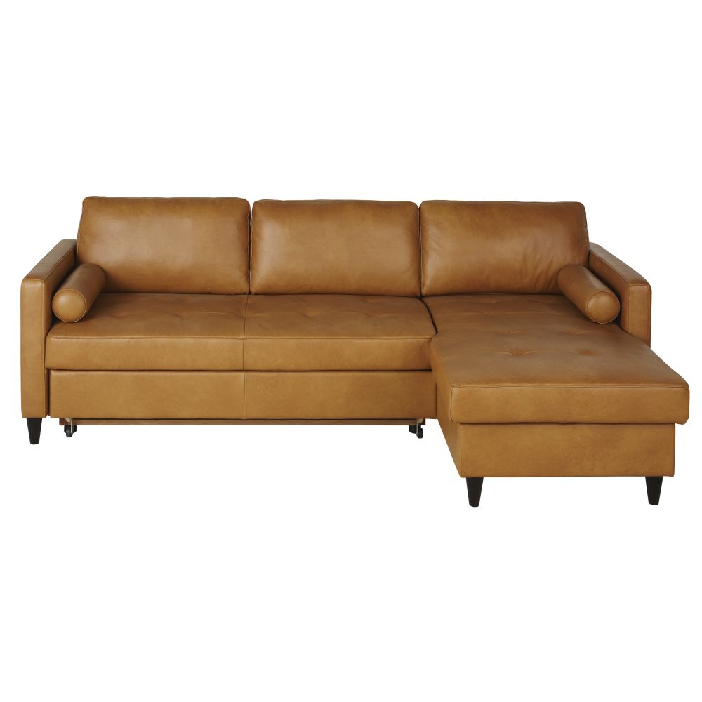 Canapé d'angle convertible Olivia 4/5 places en cuir caramel