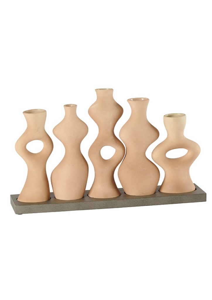 Set de 5 Soliflores de différentes formes en grès couleur argile sur support rectangulaire