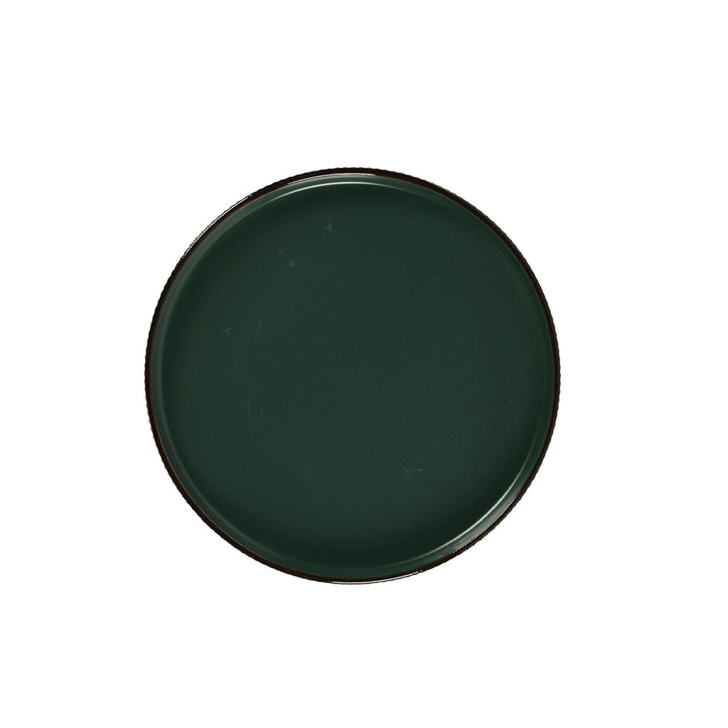 Assiette plate ronde Thaïs en grès coloris vert foncé bord avec striures verticales